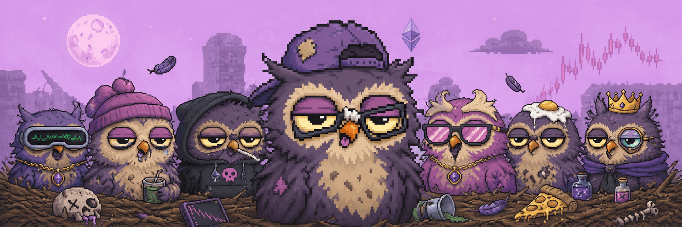 seven degen sloopbirds in a purple post-apocalyptic crypto wasteland